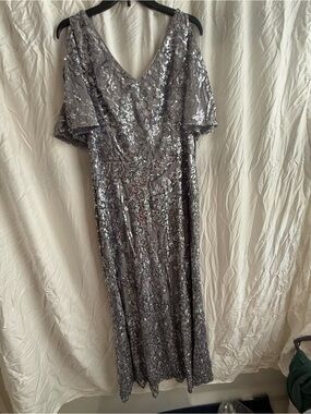 Alex Evenings Silver Sequin Maxi Dress with V-Neck